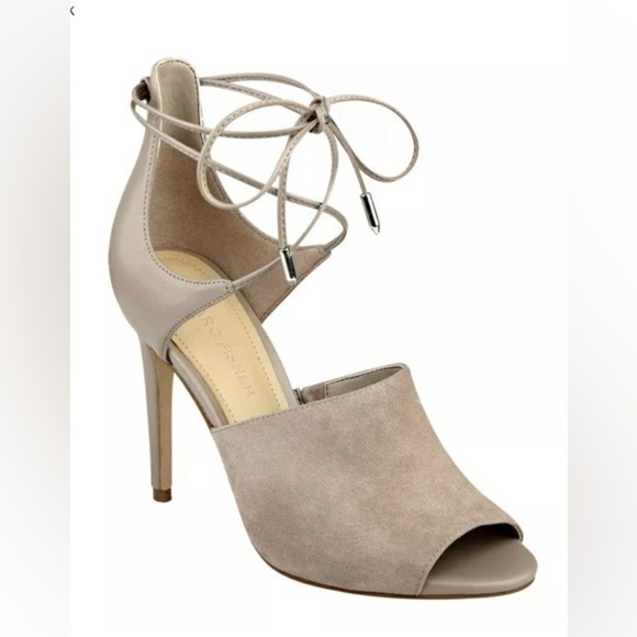 Marc Fisher The Rylin Taupe Nude Suede Ankle Tie Peep Toe Heels Size 8 - Picture 1 of 15